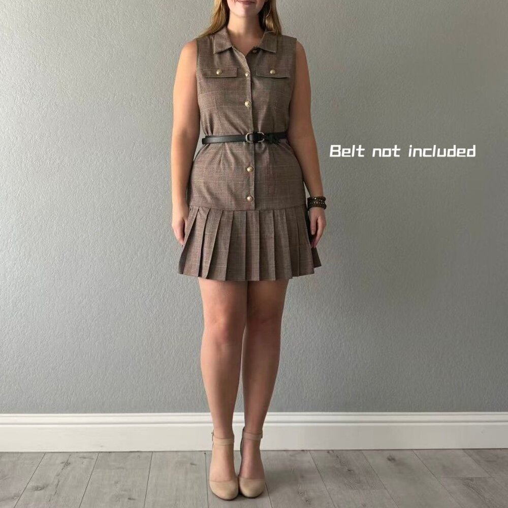 Nicole Miller Size M Sleeveless Plaid Pleated Hem Dress Brown Pullover Office